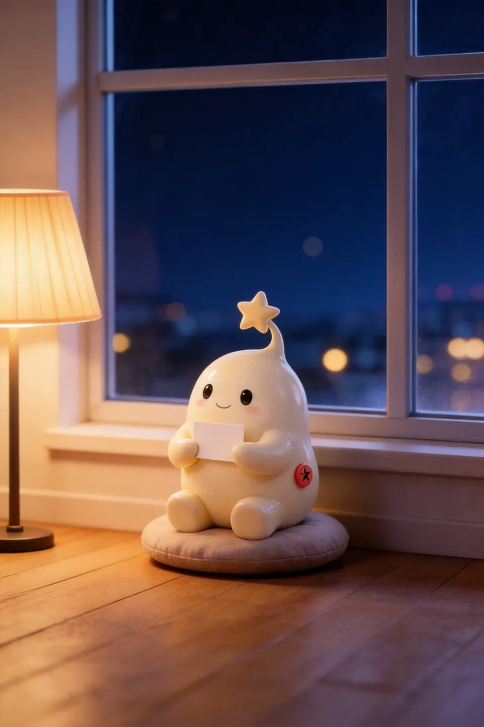 星宝坐在窗边的垫子上，手里拿着一张纸条